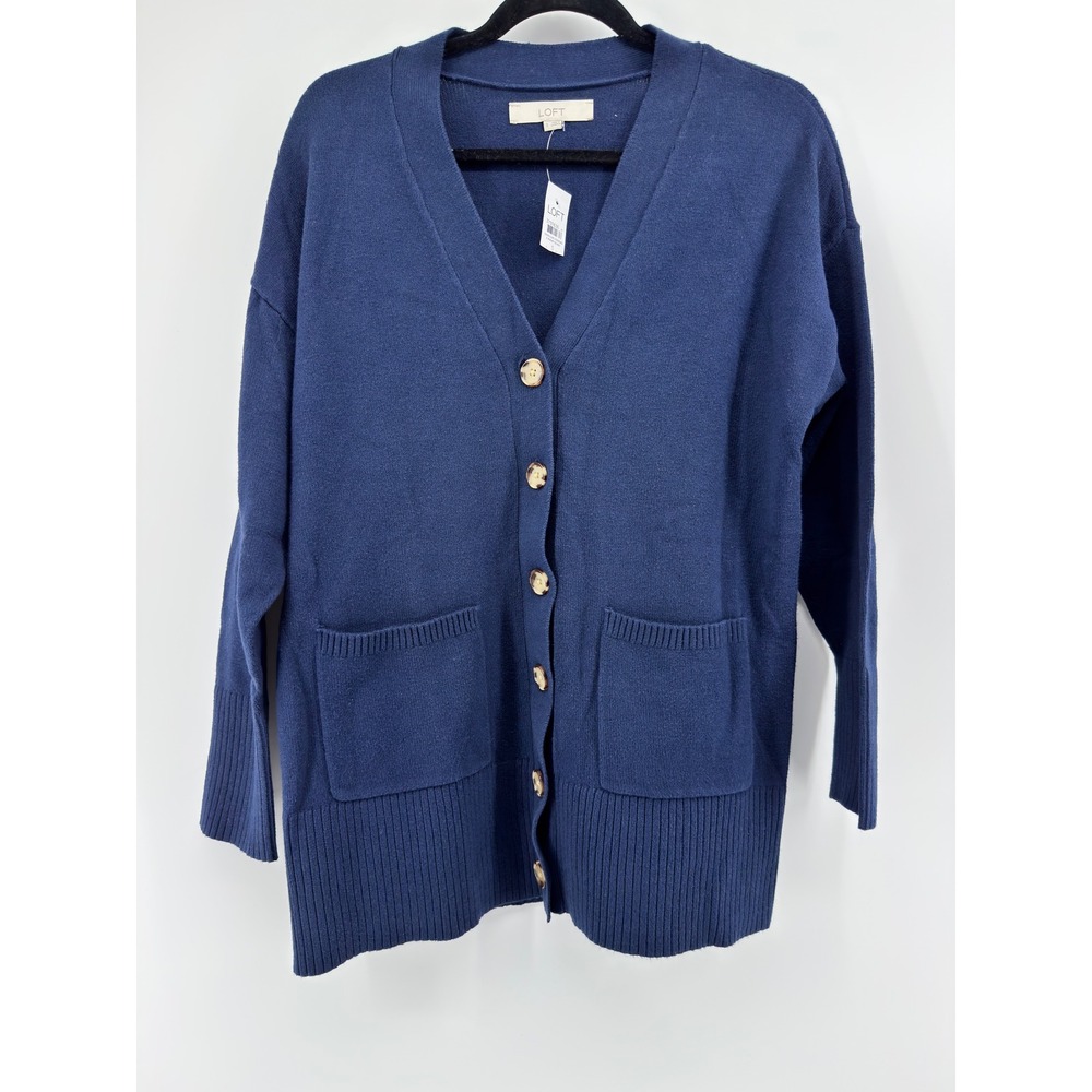 Loft Navy Blue V-Neck Button Front Cardigan Sweater with Pockets Size Small NWT